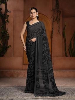 Garden VARELI - Women Black Chiffon Floral Saree Without Blouse