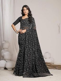 Garden VARELI - Women Black Chiffon Floral Saree Without Blouse