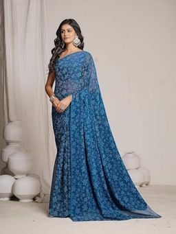 Garden VARELI - Women Blue Chiffon Floral Saree Without Blouse