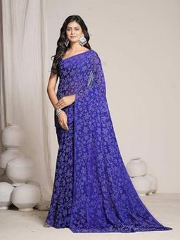 Garden VARELI - Women Purple Chiffon Floral Saree Without Blouse