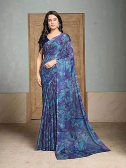 Garden VARELI - Women Blue Chiffon Abstract Saree Without Blouse