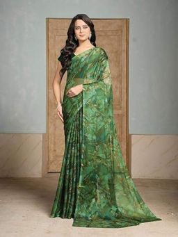 Garden VARELI - Women Green Chiffon Floral Saree Without Blouse