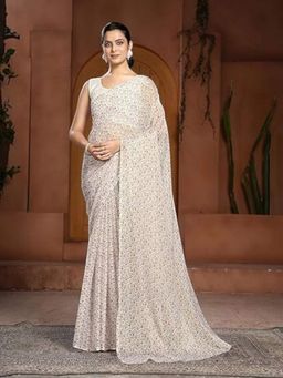 Garden VARELI - Women White Chiffon Floral Saree Without Blouse