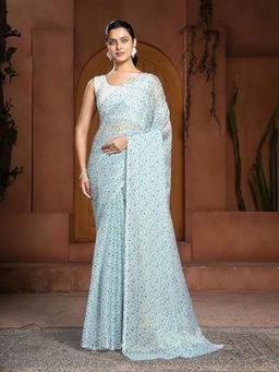 Garden VARELI - Women Blue Chiffon Floral Saree Without Blouse