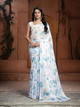 Garden VARELI - Women White Chiffon Floral Saree Without Blouse