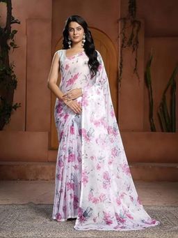 Garden VARELI - Women White Chiffon Floral Saree Without Blouse