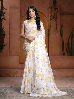 Garden VARELI - Women Cream Chiffon Floral Saree Without Blouse