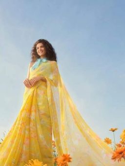 Garden VARELI - Women Yellow Chiffon Floral Saree Without Blouse