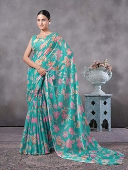 Garden VARELI - Women Teal Chiffon Floral Saree Without Blouse