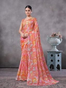 Garden VARELI - Women Peach Chiffon Floral Saree Without Blouse