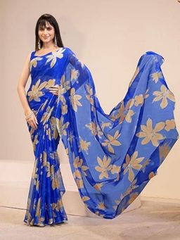 Garden VARELI - Women Blue Chiffon Floral Saree Without Blouse