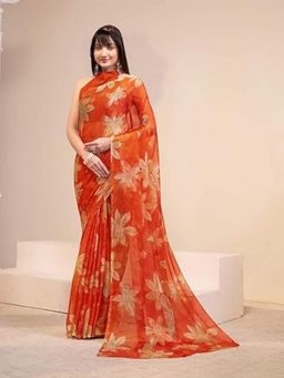 Garden VARELI - Women Orange Chiffon Floral Saree Without Blouse