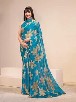 Garden VARELI - Women Blue Chiffon Floral Saree Without Blouse