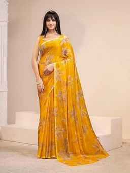 Garden VARELI - Women Yellow Chiffon Floral Saree Without Blouse