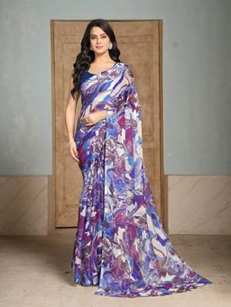 Garden VARELI - Women Purple Chiffon Abstract Saree Without Blouse