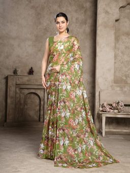 Garden VARELI - Women Olive Chiffon Floral Saree Without Blouse