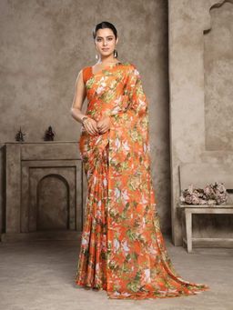 Garden VARELI - Women Orange Chiffon Floral Saree Without Blouse