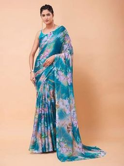Garden VARELI - Women Turquoise Chiffon Floral Saree Without Blouse