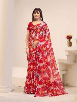 Garden VARELI - Women Red Chiffon Floral Saree Without Blouse