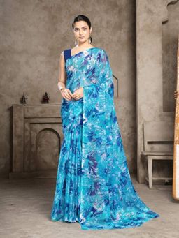 Garden VARELI - Women Blue Chiffon Abstract Saree Without Blouse