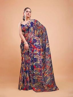 Garden VARELI - Women Blue Chiffon Abstract Saree with Unstitched Blouse