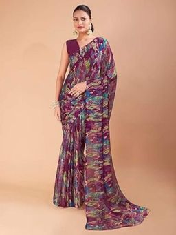 Garden VARELI - Women Wine Chiffon Abstract Saree with Unstitched Blouse
