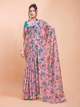 Garden VARELI - Women Pink Chiffon Floral Saree with Unstitched Blouse
