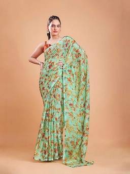 Garden VARELI - Women Green Chiffon Floral Saree with Unstitched Blouse