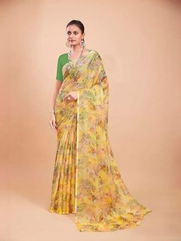 Garden VARELI - Women Yellow Chiffon Floral Saree Without Blouse