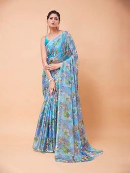 Garden VARELI - Women Blue Chiffon Floral Saree Without Blouse