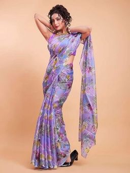 Garden VARELI - Women Purple Chiffon Floral Saree Without Blouse