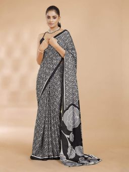 Garden VARELI - Women Black Satin Floral Saree with Unstitched Blouse