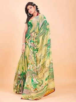 Garden VARELI - Women Green Chiffon Abstract Saree with Unstitched Blouse