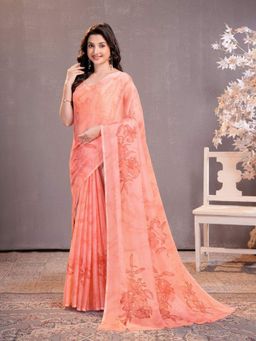 Garden VARELI - Women Peach Chiffon Floral Saree Without Blouse