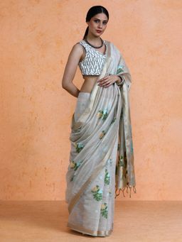 Sarha - Woven Design Muga Cotton Beige Saree with Unstitched Blouse
