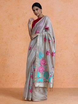 Sarha - Woven Design Muga Cotton Floral Beige Saree with Unstitched Blouse