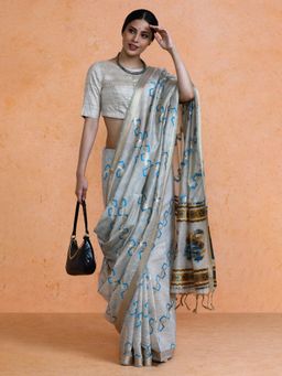 Sarha - Woven Design Muga Cotton Floral Saree with Unstitched Blouse