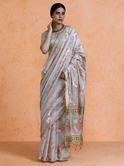 Sarha - Woven Design Muga Cotton Floral Grey Saree with Unstitched Blouse