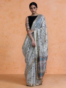 Sarha - Woven Design Muga Cotton Grey Floral Saree with Unstitched Blouse
