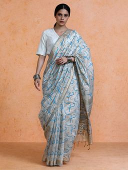 Sarha - Woven Design Muga Cotton Abstract Grey Saree with Unstitched Blouse