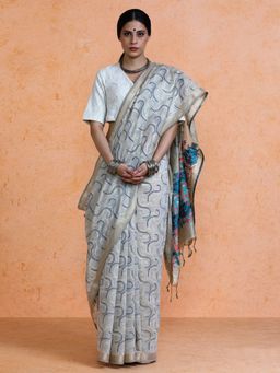 Sarha - Woven Design Muga Cotton Grey Abstract Saree with Unstitched Blouse