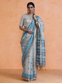 Sarha - Woven Design Muga Cotton Blue Saree with Unstitched Blouse