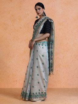 Sarha - Woven Design Muga Cotton Green Saree with Unstitched Blouse
