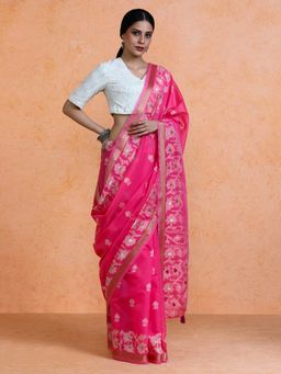 Sarha - Woven Design Chanderi Cotton Pink Saree with Unstitched Blouse