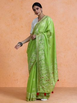 Sarha - Woven Design Chanderi Cotton Green Saree with Unstitched Blouse