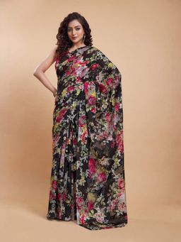 Garden VARELI - Women Black Jacquard Floral Saree Without Blouse