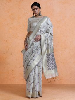 Sarha - Woven Design Muga Cotton Geometric Blue Saree with Unstitched Blouse