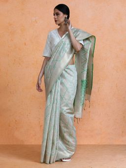 Sarha - Woven Design Muga Geometric Grey Cotton Saree with Unstitched Blouse
