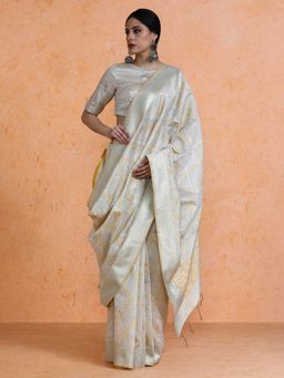Sarha - Woven Design Muga Geometric Cotton Grey Saree with Unstitched Blouse