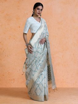 Sarha - Woven Design Muga Green Cotton Geometric Saree with Unstitched Blouse